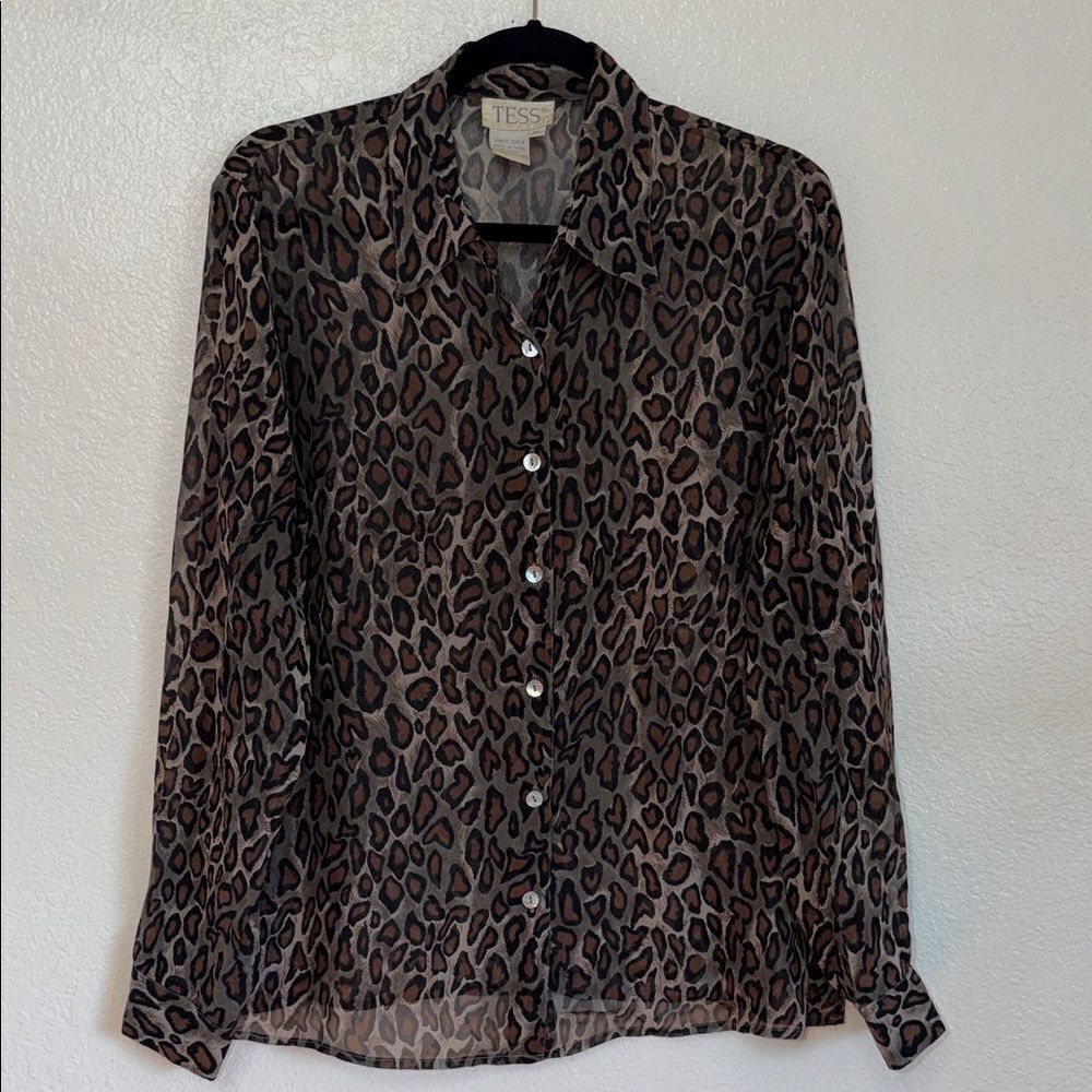 Vintage Leopard Print semi sheer silk Button Down Shirt plus size